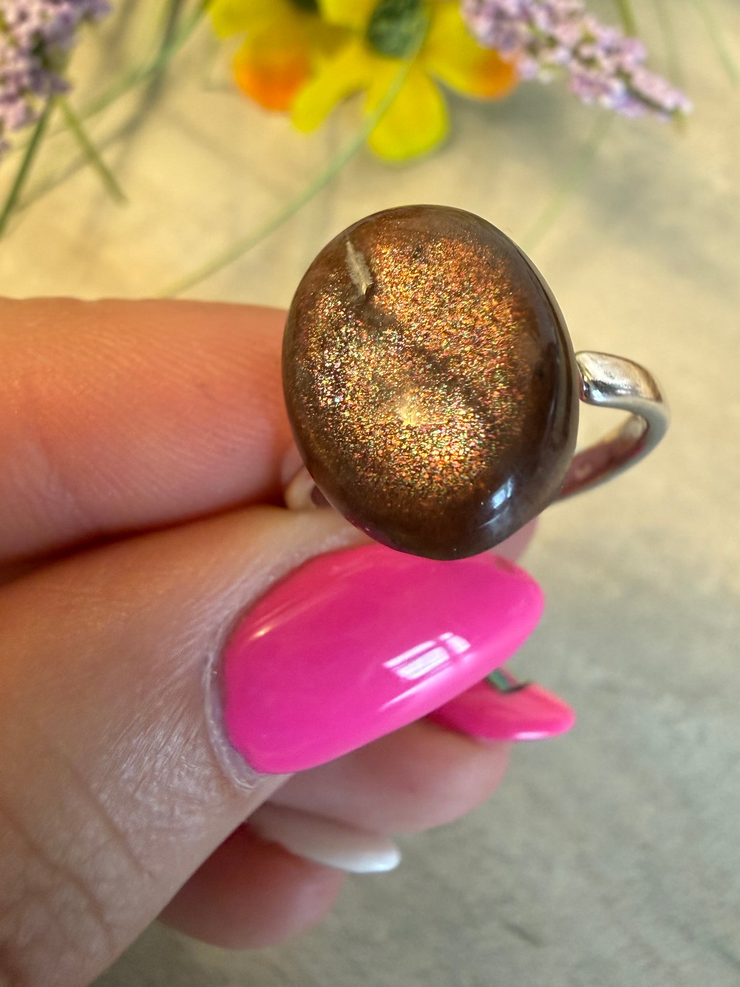 Handmade Confetti Sunstone Adjustable 925 Silver Ring