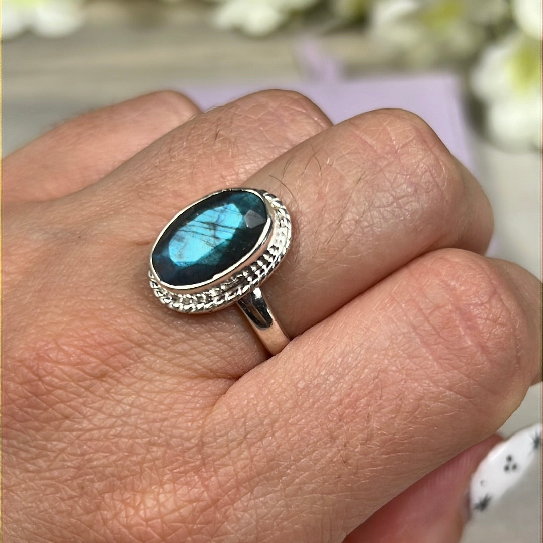 Labradorite Facet 925 Sterling Silver Ring - Size L 1/2