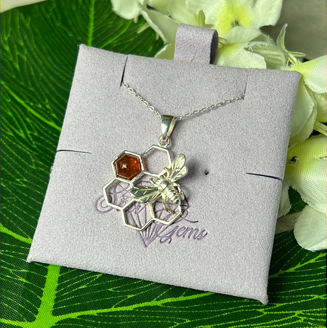 Amber Bee Honeycomb 925 Sterling Silver Pendant