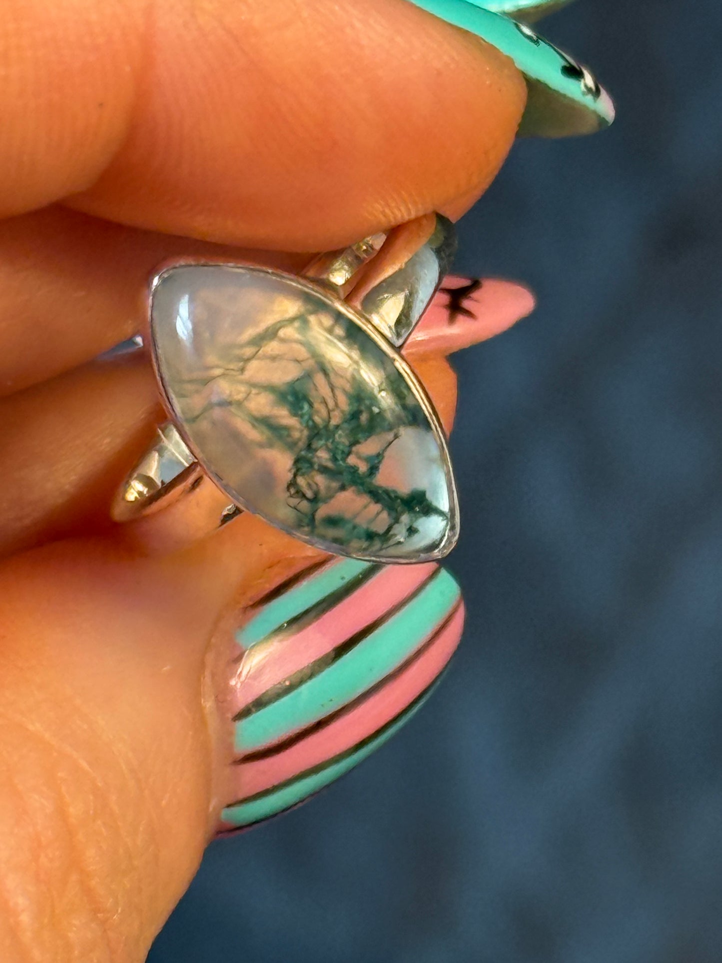 Moss Agate 925 Silver Ring - Size L 1/2