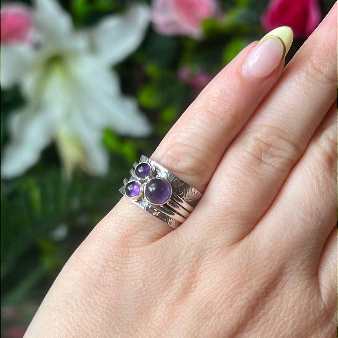 Trio Amethyst Fidget Spinner Ring - Sterling Silver 925 Size J 1/2