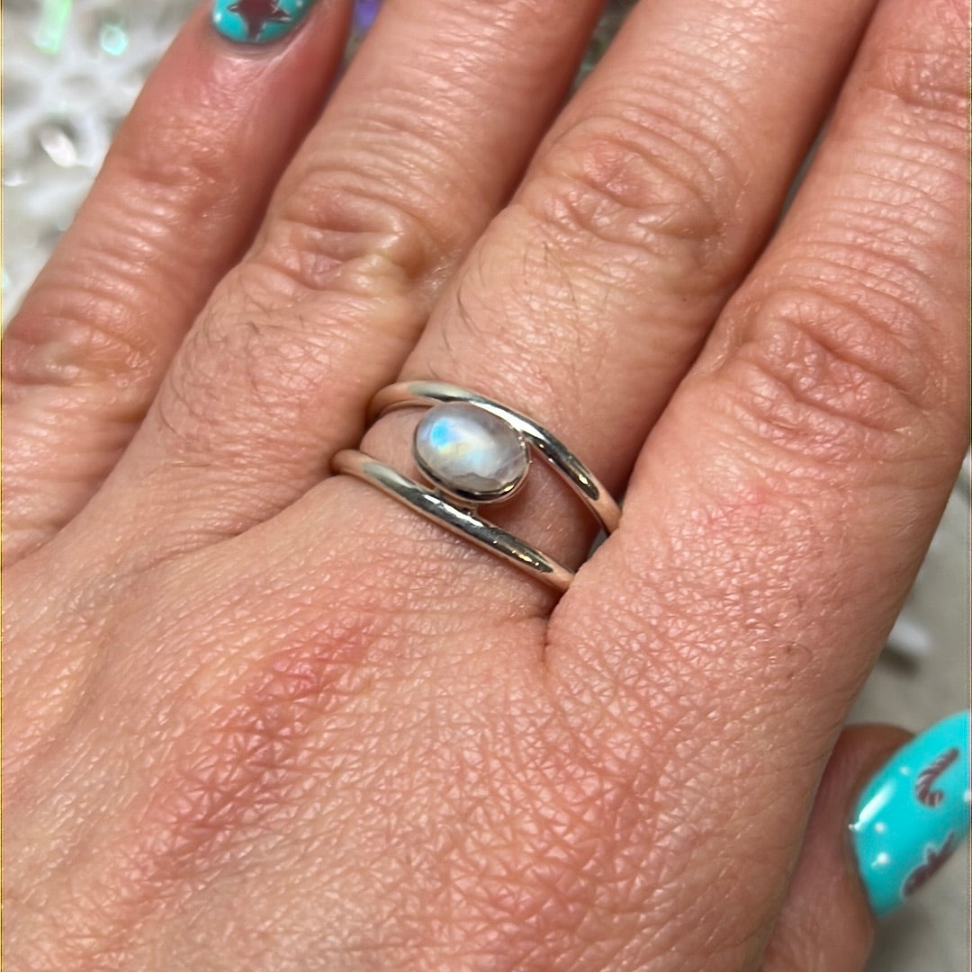 Moonstone Double Bar 925 Sterling Silver Ring - Size S 1/2