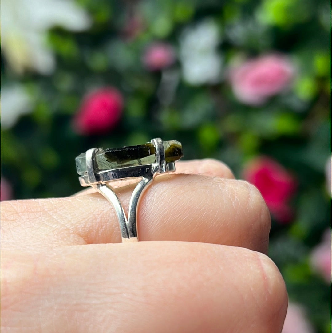 Prehnite & Epidote Coffin 925 Sterling Silver Ring - Size Q 1/2