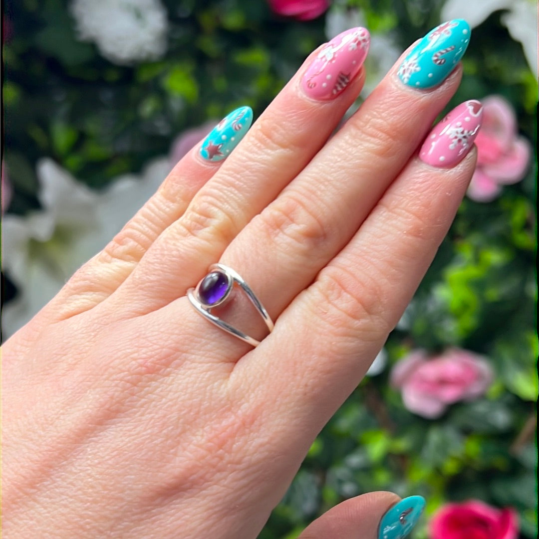 Amethyst Double Bar 925 Sterling Silver Ring - Size N 1/2