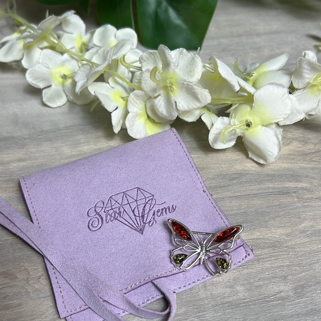 Amber Butterfly 925 Sterling Silver Brooch