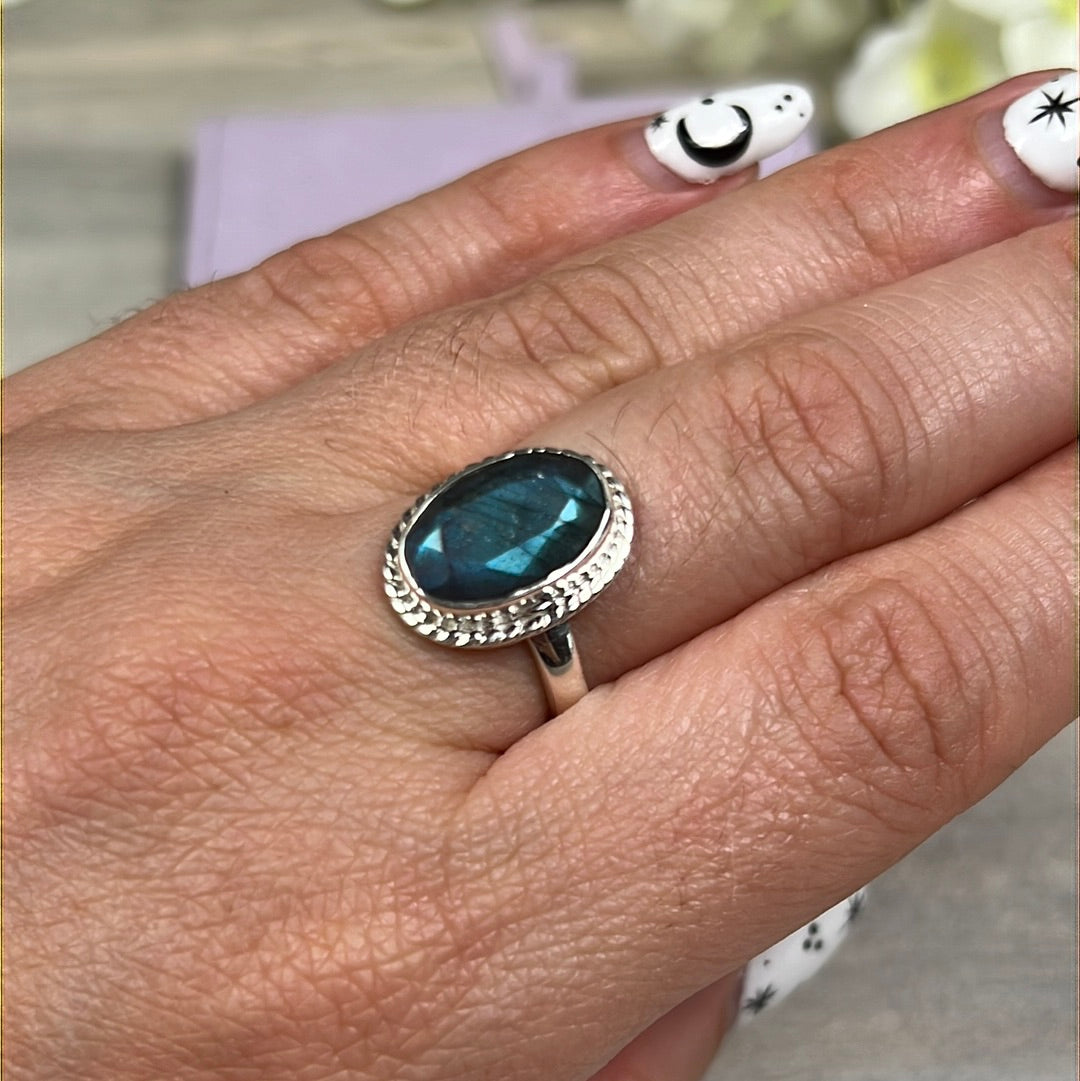 Labradorite Facet 925 Sterling Silver Ring - Size L 1/2