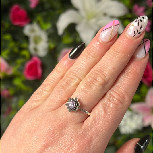 Amethyst Flower 925 Silver Ring -  Size P 1/2 - Q Facet cut