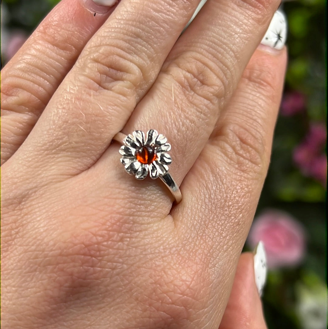 Amber Daisy Flower 925 Sterling Silver Ring - Size O 1/2 - P