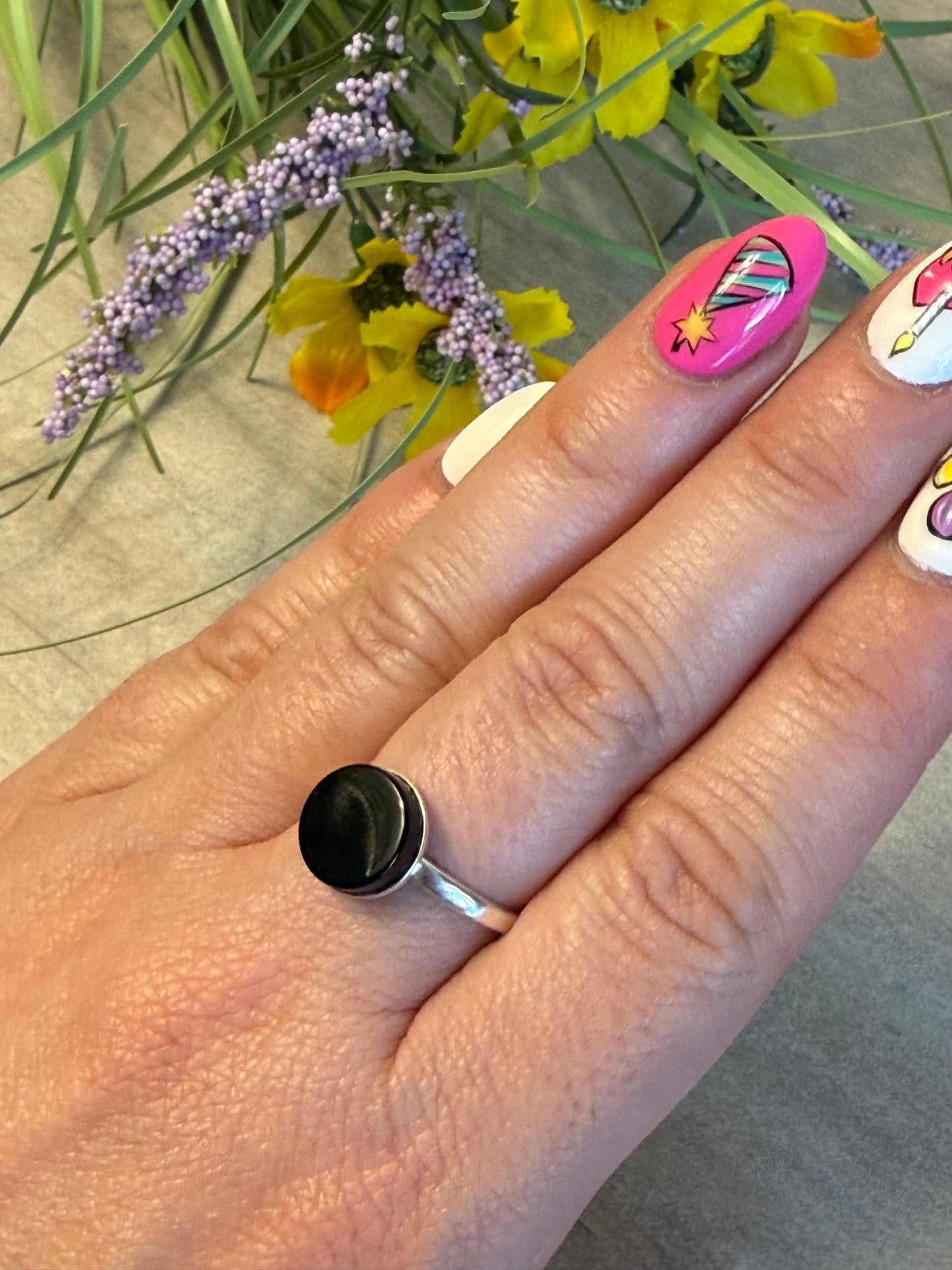 Handmade Black Agate 925 Silver Ring - Size N - N1/2