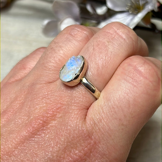 Rainbow Moonstone Raw 925 Sterling Silver Ring - Size O