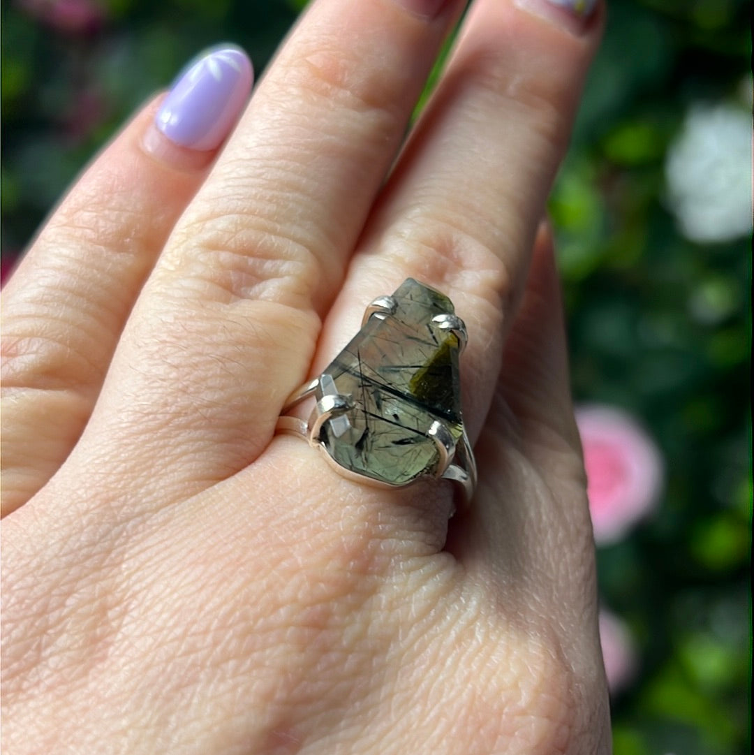Prehnite & Epidote Coffin 925 Sterling Silver Ring - Size Q 1/2