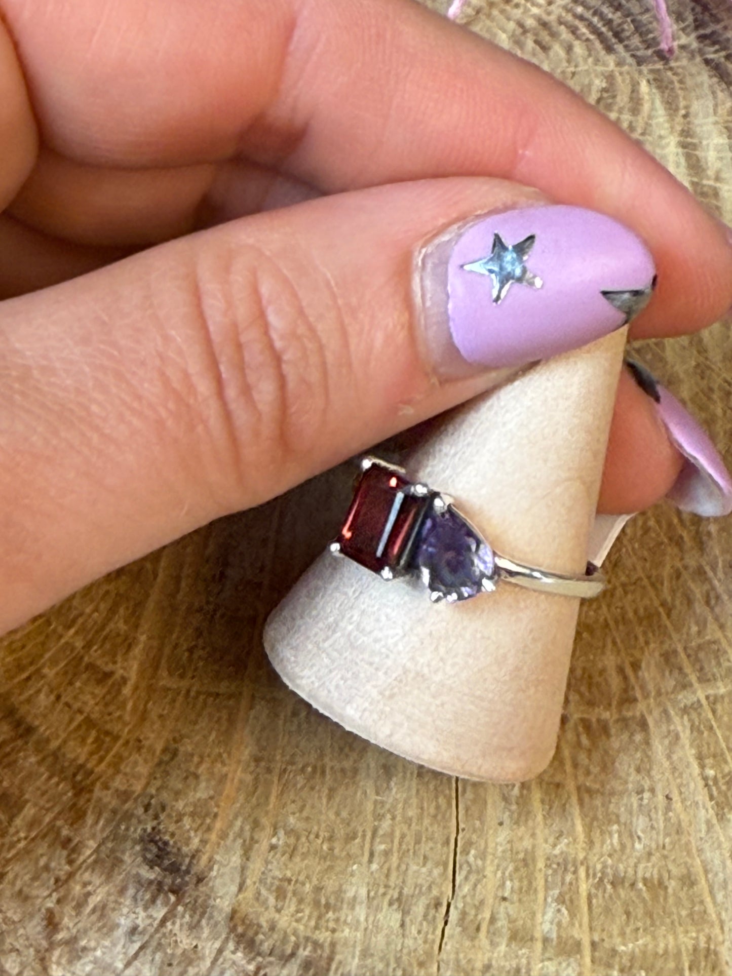 Duo Double Stone - Amethyst / Garnet 925 Silver Ring - Size Q
