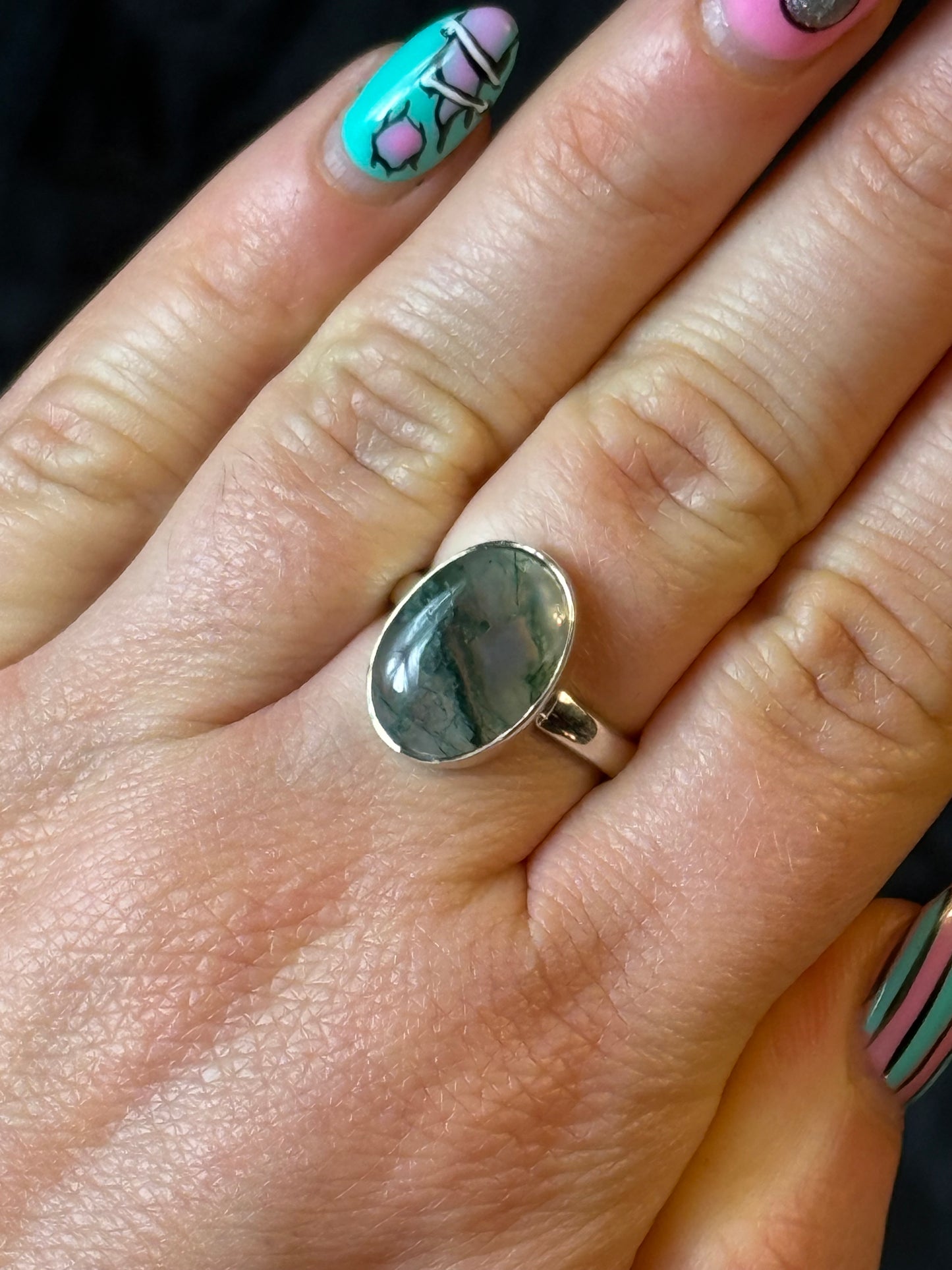 Moss Agate 925 Silver Ring - Size M 1/2