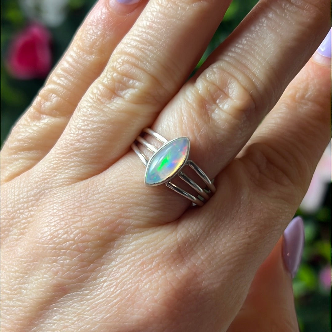 Ethiopian Opal 3 Bar 925 Sterling Silver Ring - Size Q