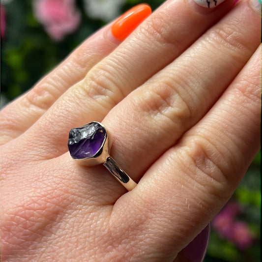 Amethyst Raw 925 Sterling Silver Ring - Size R 1/2