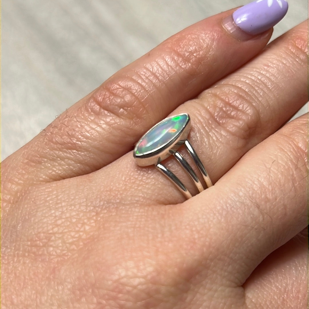 Ethiopian Opal 3 Bar 925 Sterling Silver Ring - Size L 1/2