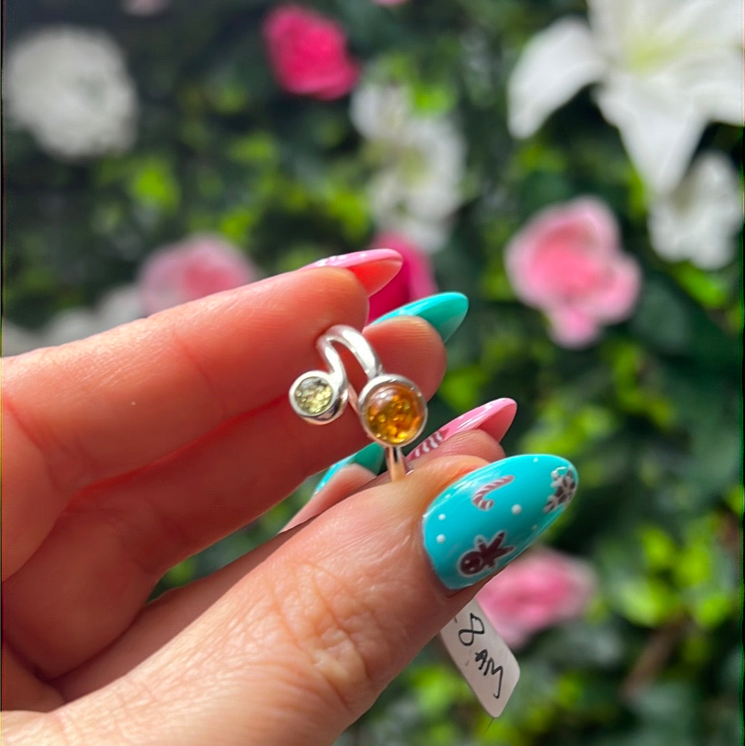 Amber Duo 925 Sterling Silver Ring - Size Q 1/2