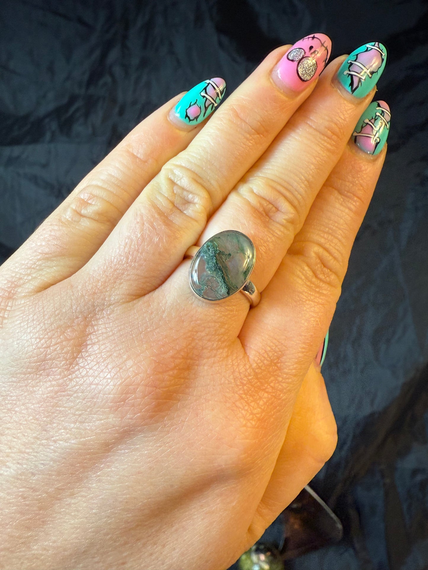 Moss Agate 925 Silver Ring - Size M 1/2