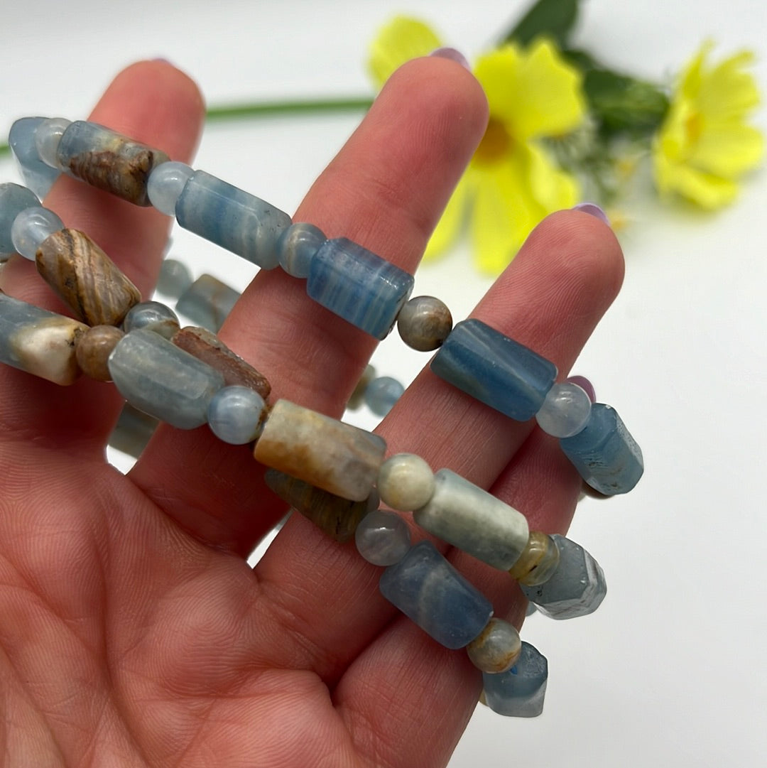 Aquatine Lemurian Calcite Bar Bracelet (blue onyx)