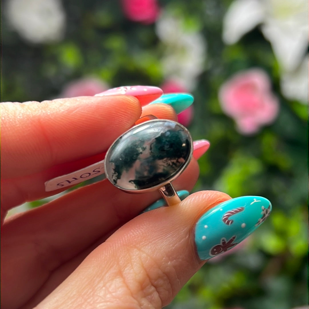 Moss Agate 925 Sterling Silver Ring - Size S