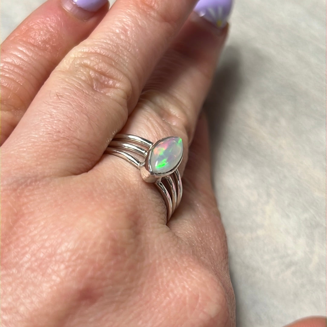 Ethiopian Opal 3 Bar 925 Sterling Silver Ring - Size Q