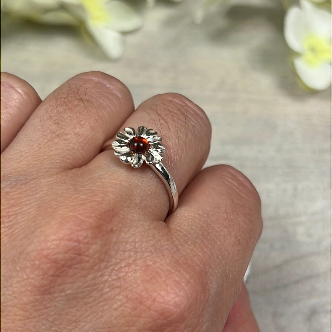 Amber Daisy Flower 925 Sterling Silver Ring - Size O 1/2 - P