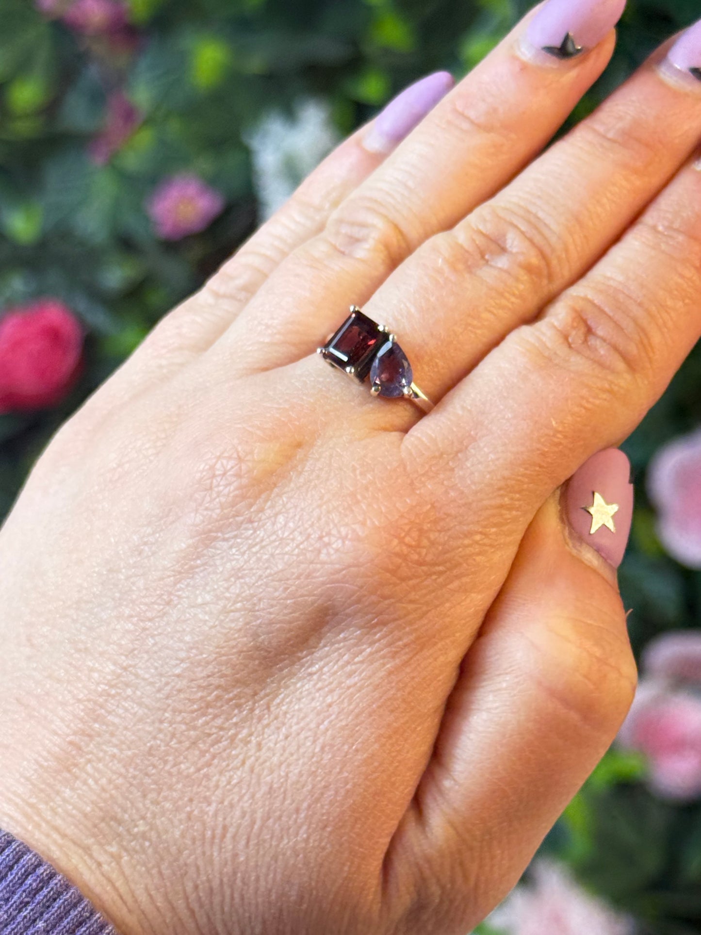 Duo Double Stone - Amethyst / Garnet 925 Silver Ring - Size Q