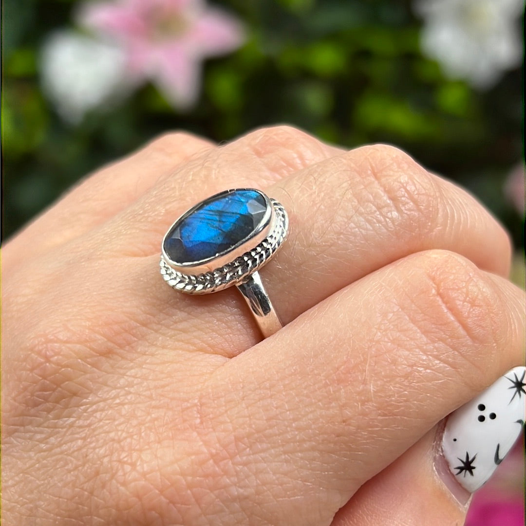 Labradorite Facet 925 Sterling Silver Ring - Size L 1/2