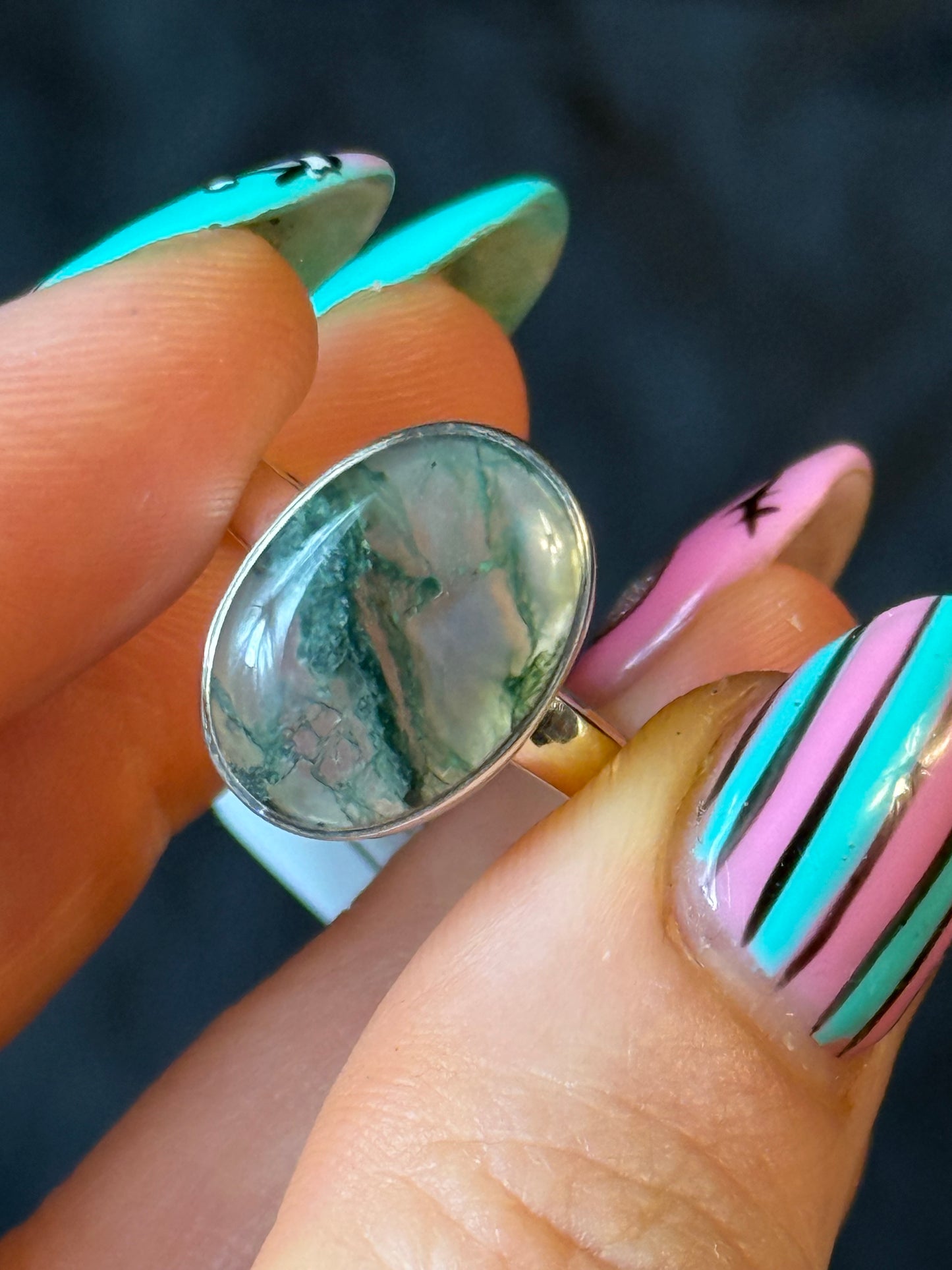 Moss Agate 925 Silver Ring - Size M 1/2