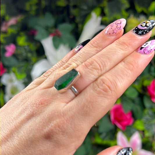Green Jade Coffin 925 Sterling Silver Ring - Size M