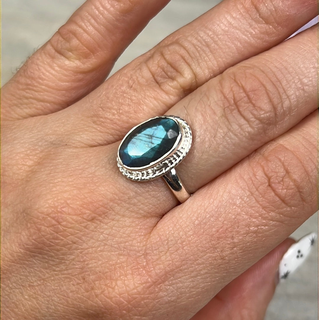 Labradorite Facet 925 Sterling Silver Ring - Size L 1/2
