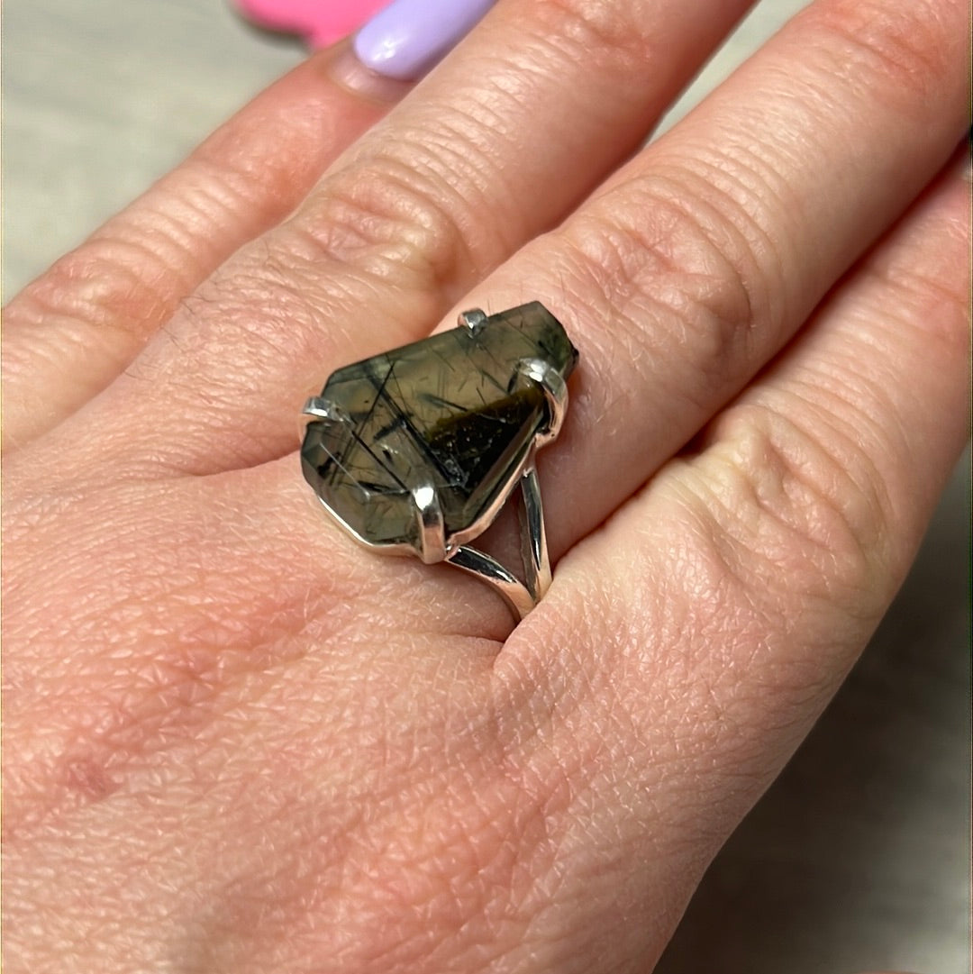 Prehnite & Epidote Coffin 925 Sterling Silver Ring - Size Q 1/2