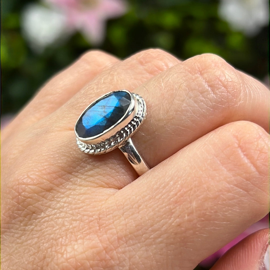 Labradorite Facet 925 Sterling Silver Ring - Size L 1/2