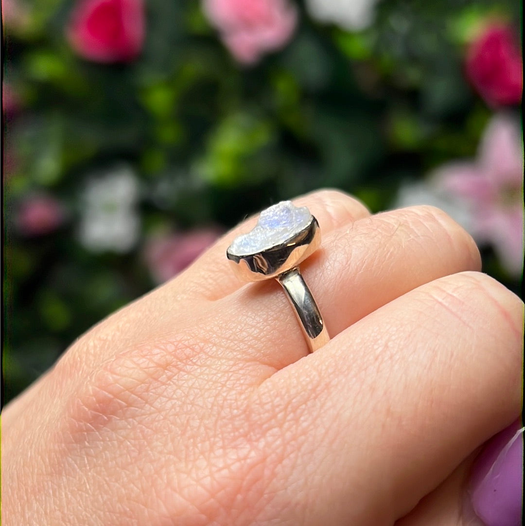 Rainbow Moonstone Raw 925 Sterling Silver Ring - Size O