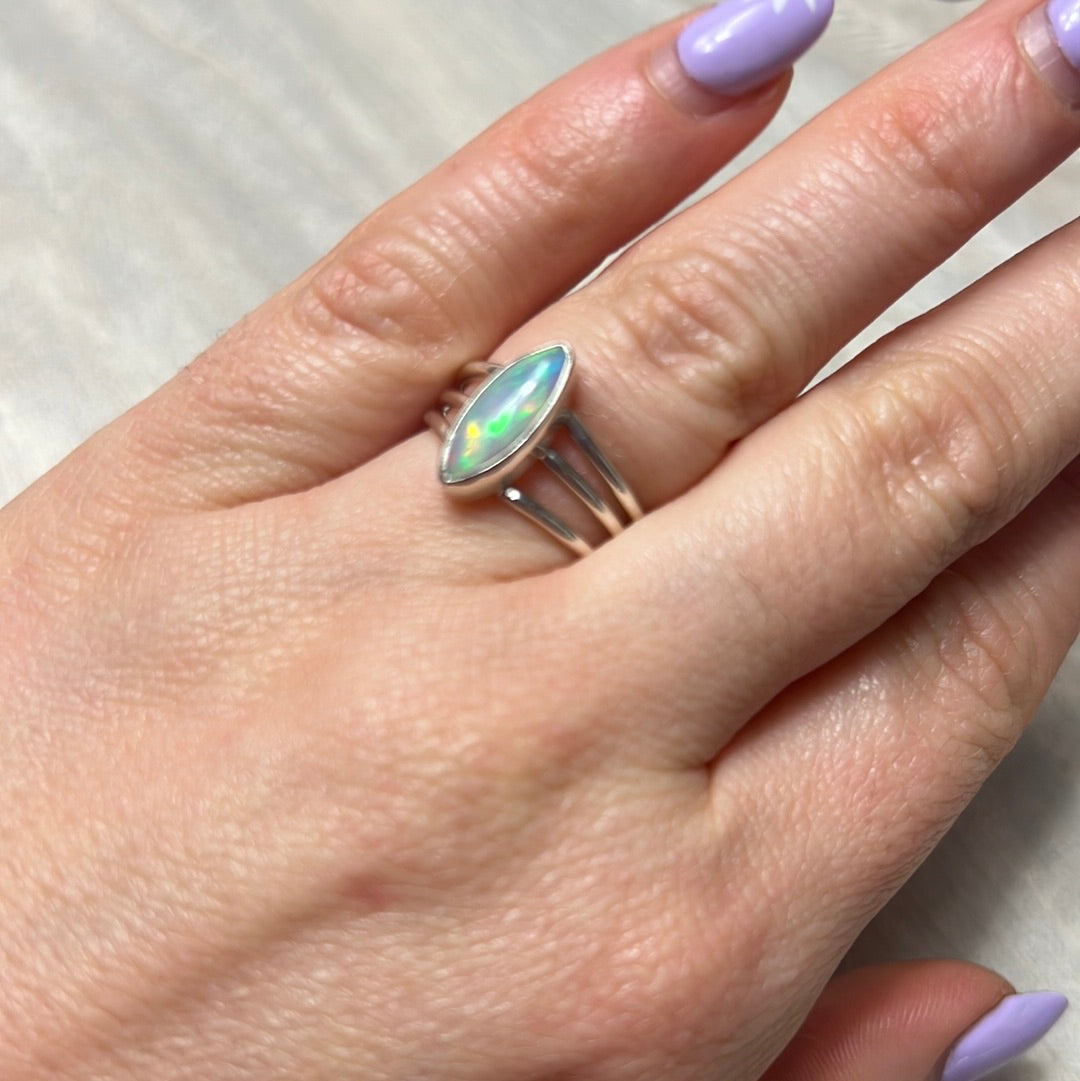 Ethiopian Opal 3 Bar 925 Sterling Silver Ring - Size L 1/2