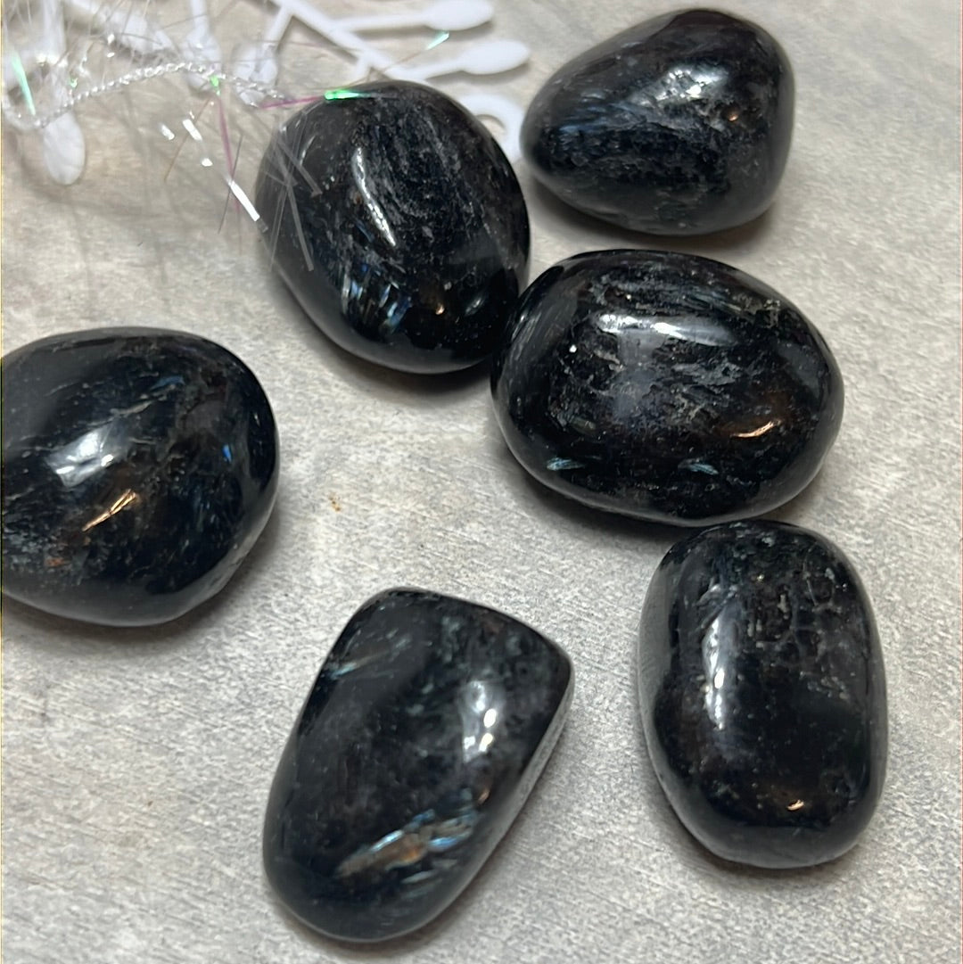 Arfvedsonite with Garnet Polished tumble tumblestone