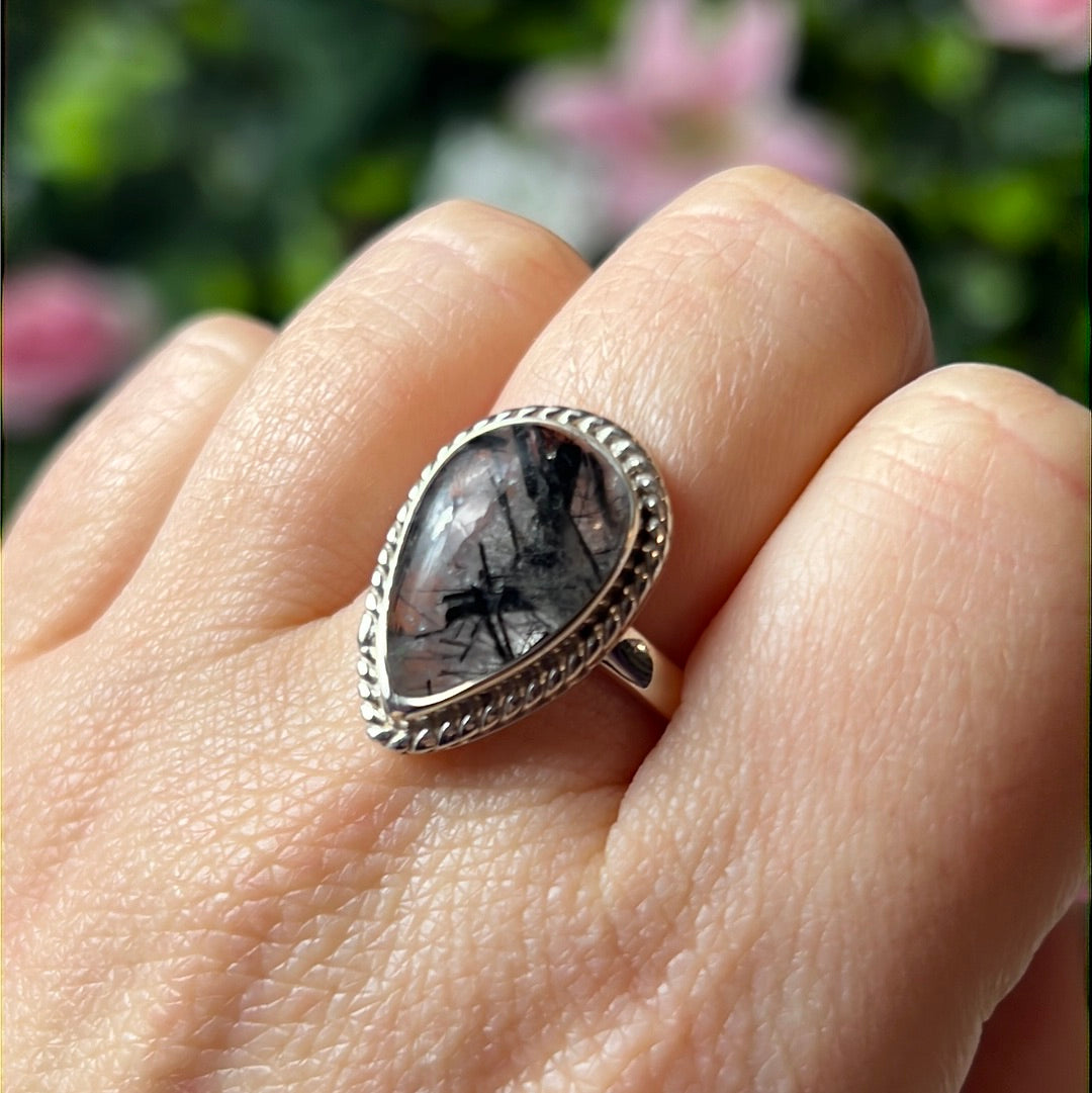 Black Rutilated Quartz 925 Sterling Silver Ring - Size S