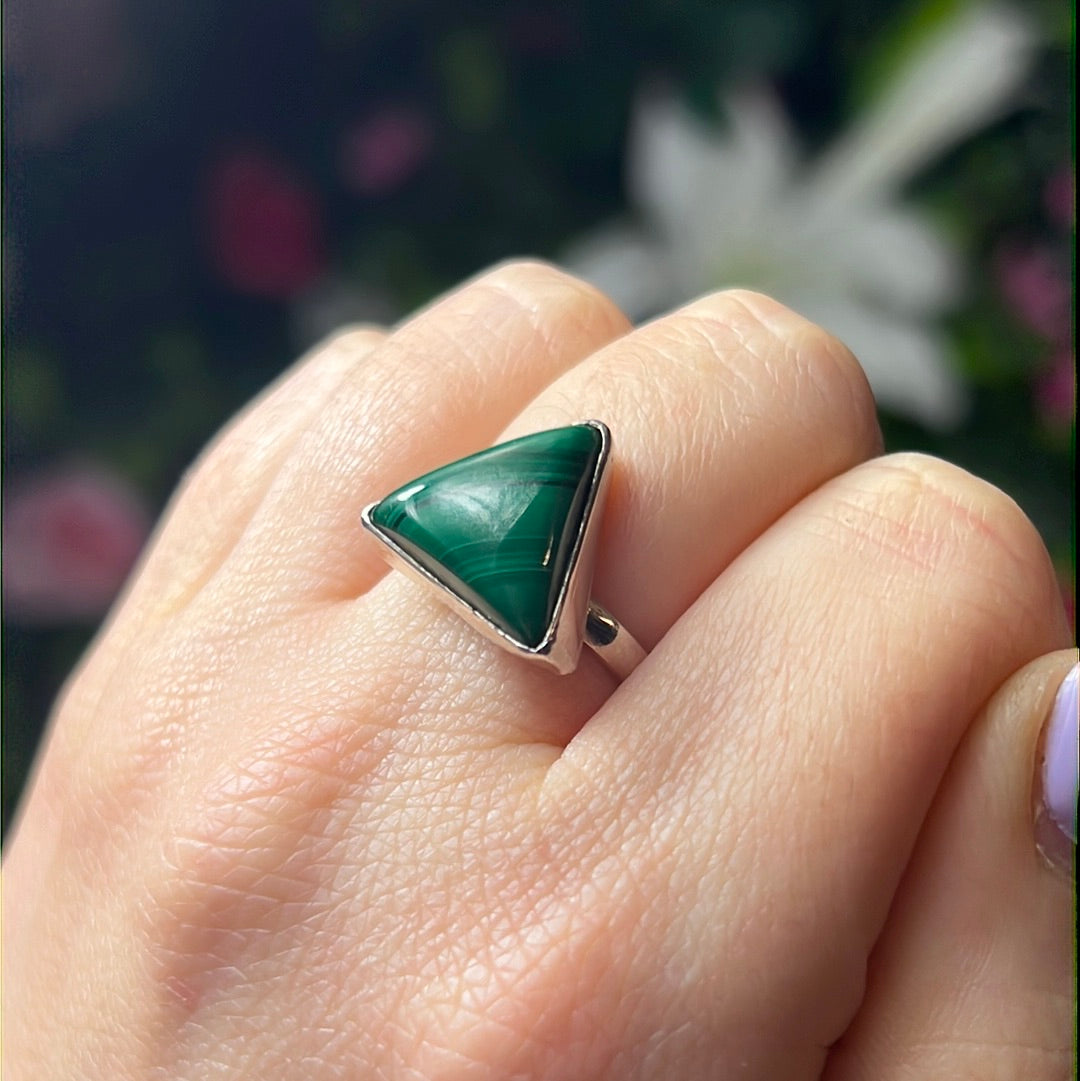 Malachite Triangle 925 Silver Ring -  Size N