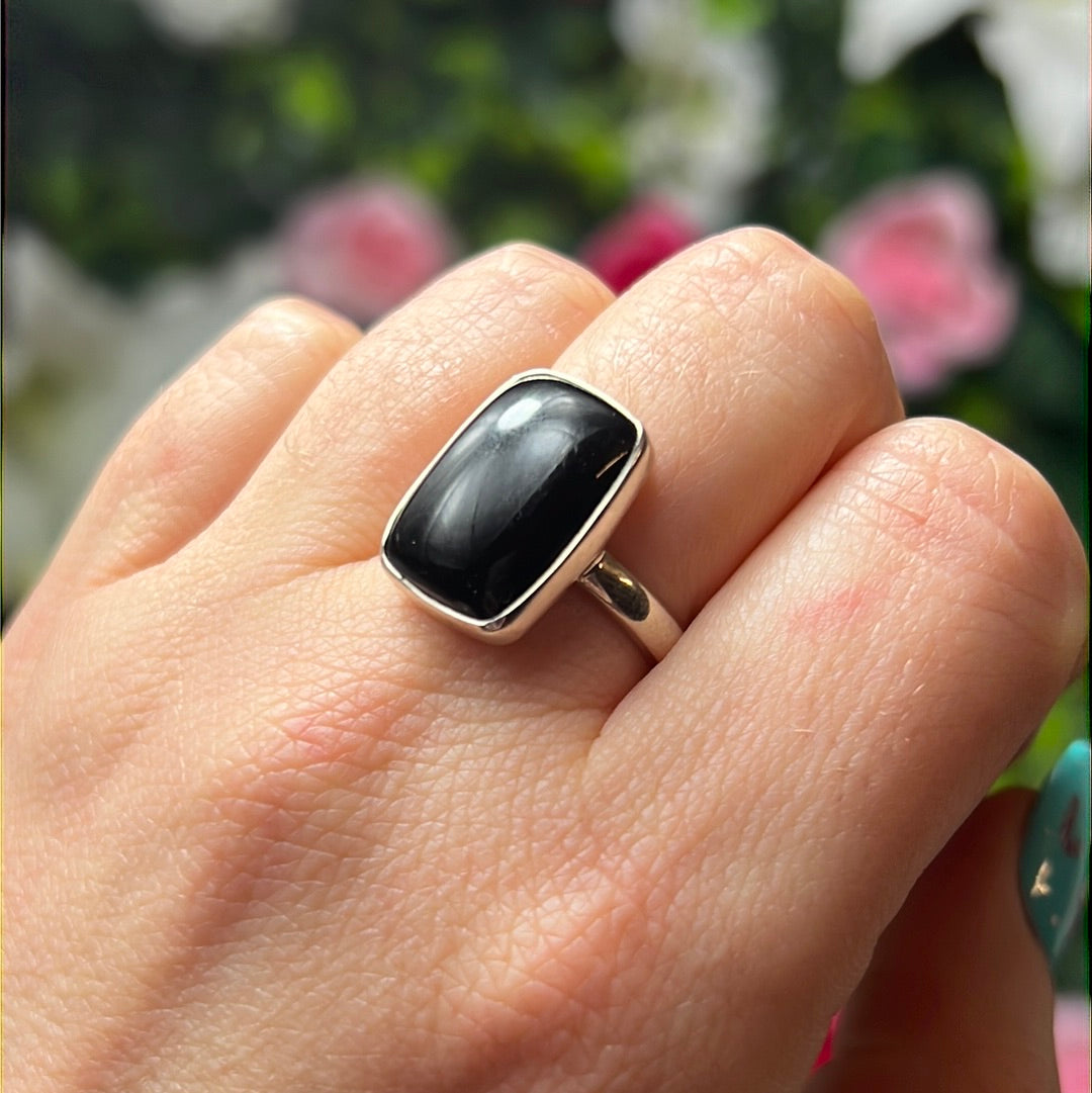 Whitby Jet 925 Silver Ring -  Size N - N 1/2