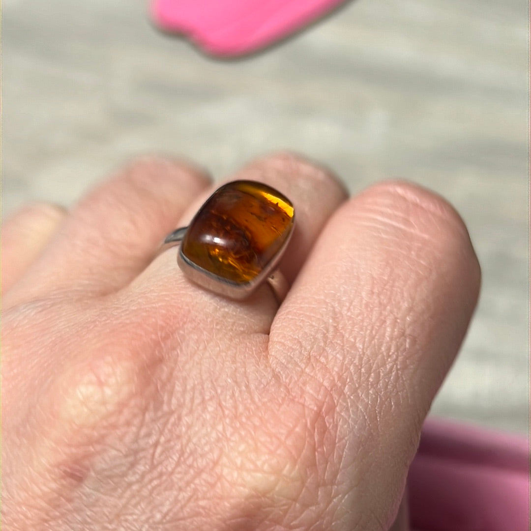 Amber 925 Sterling Silver Ring -  Size O