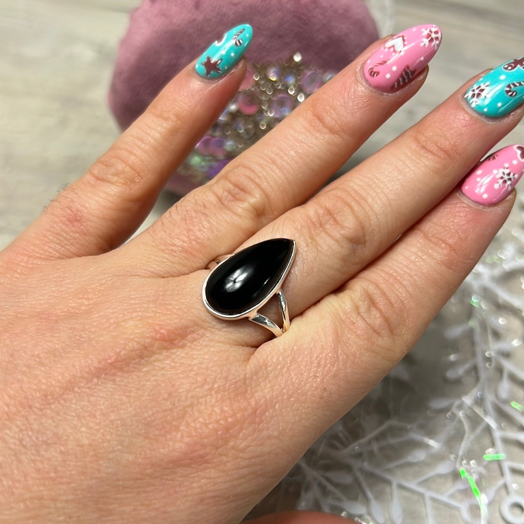 Black Tourmaline 925 Sterling Silver Ring - Size S 1/2 - T