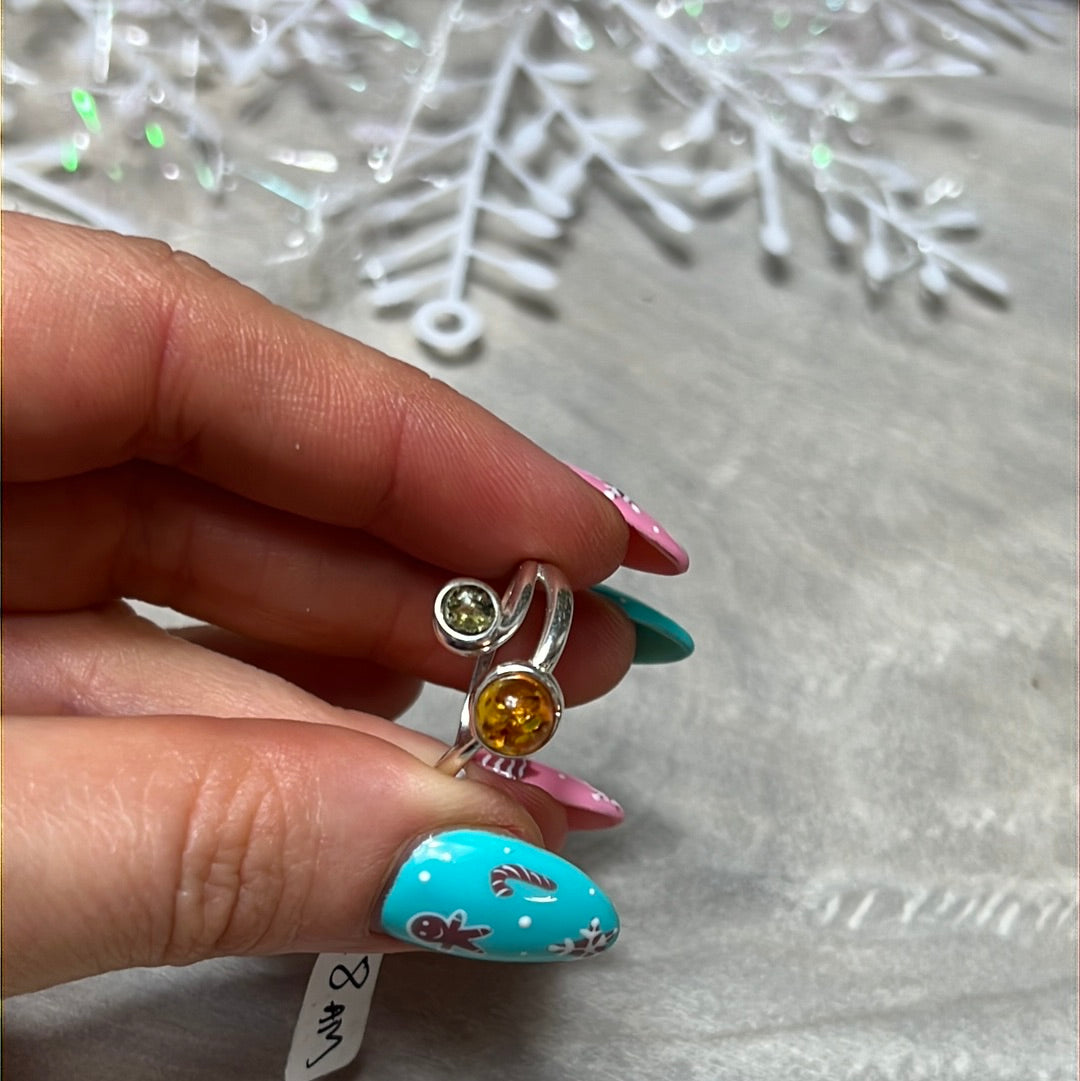 Amber Duo 925 Sterling Silver Ring - Size Q 1/2