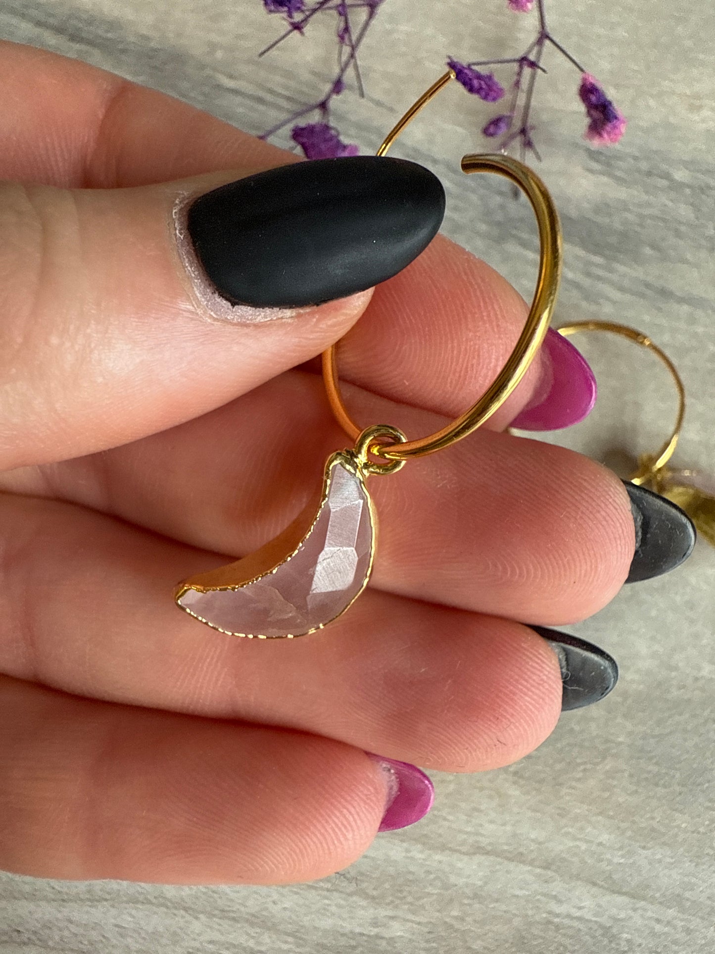 Rose quartz moon Hoop - 18K Gold 925 Sterling Silver Earrings