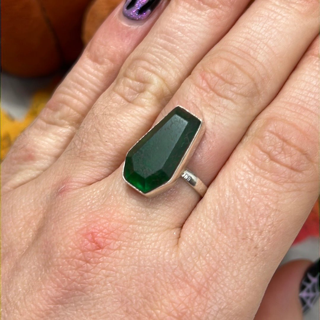 Green Jade Coffin 925 Sterling Silver Ring - Size M