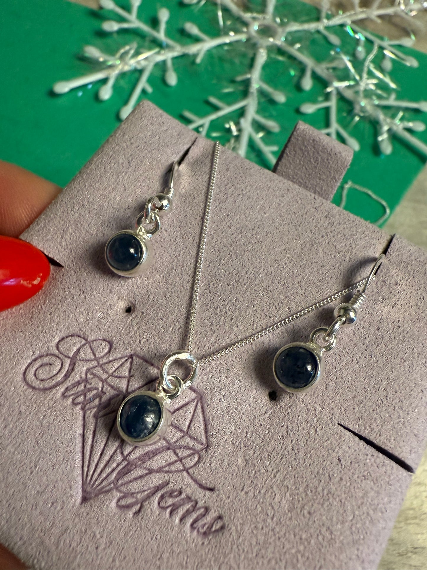 Blue Sapphire Sterling Silver Earring & Necklace Set