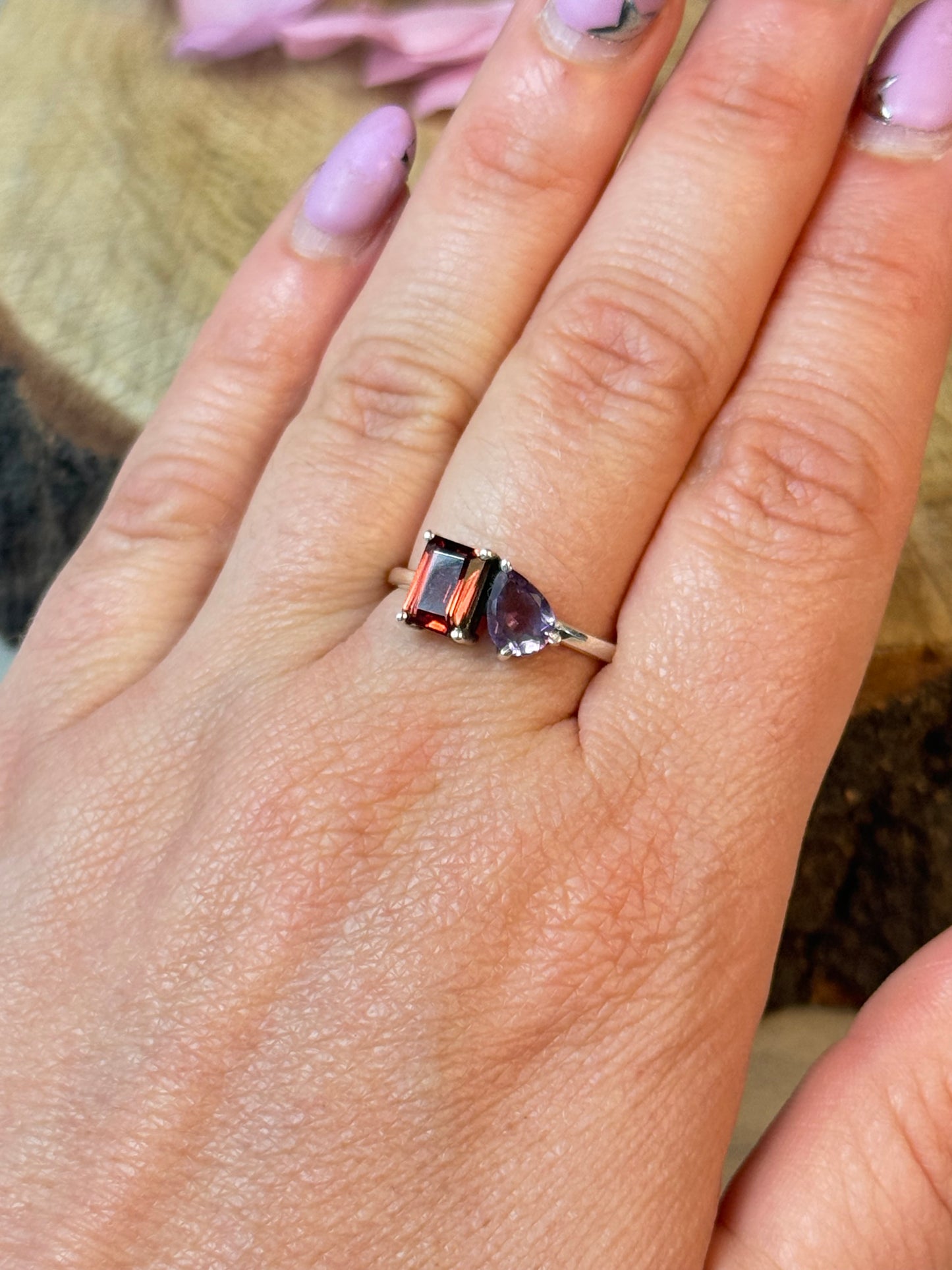 Duo Double Stone - Amethyst / Garnet 925 Silver Ring - Size Q