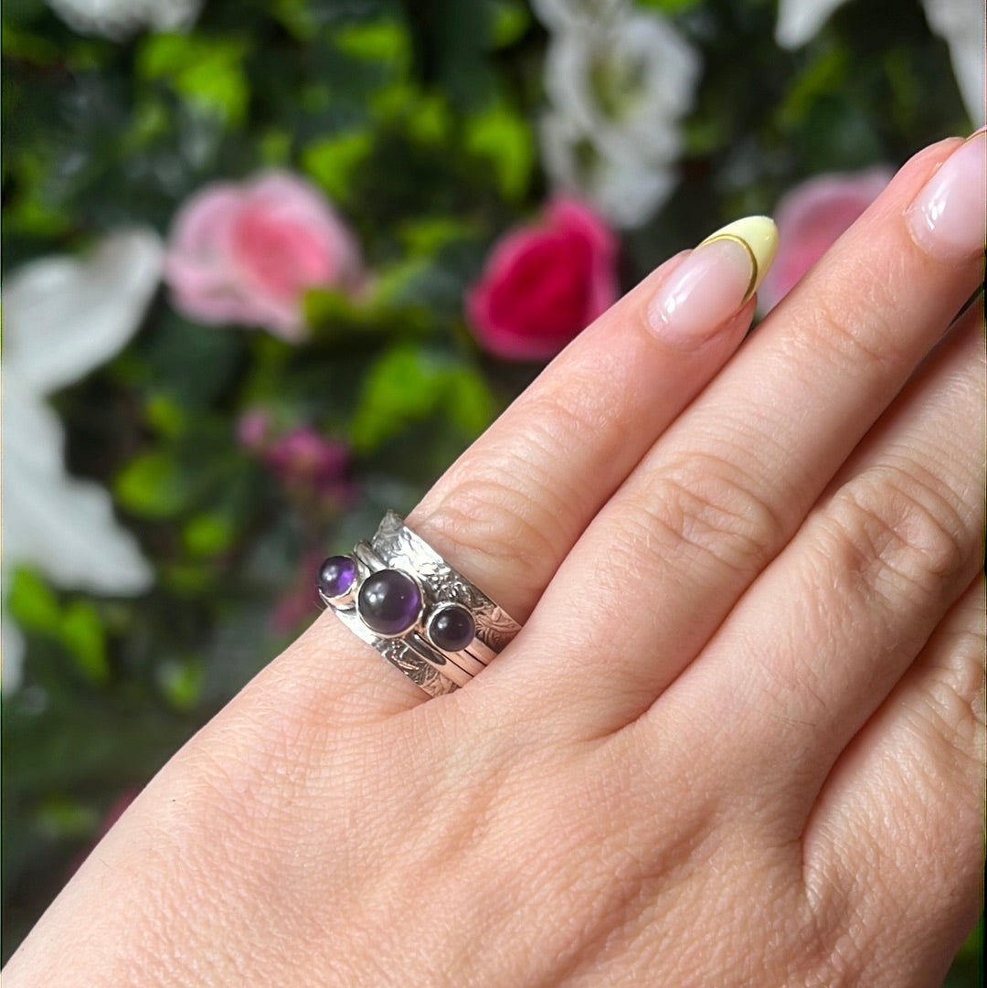 Trio Amethyst Fidget Spinner Ring - Sterling Silver 925 Size J 1/2