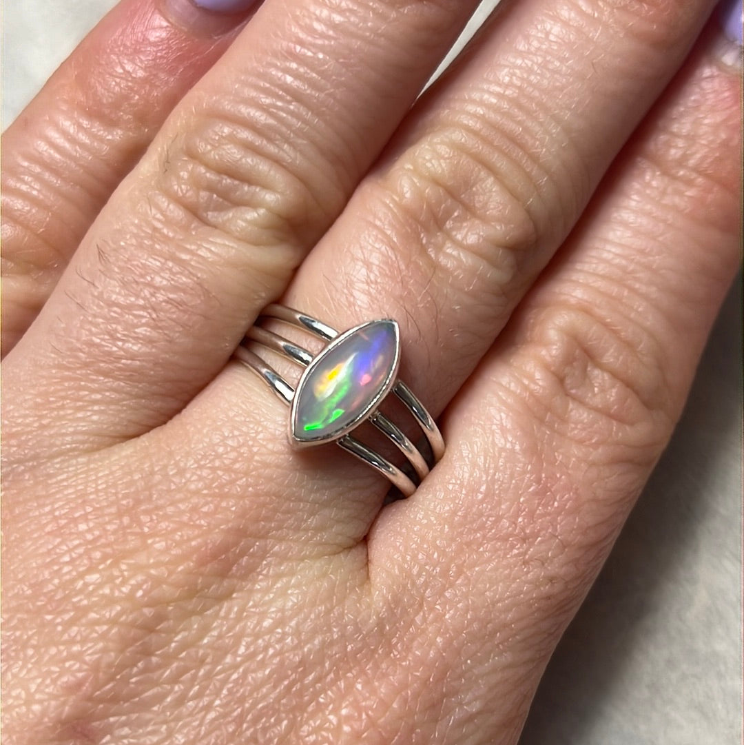 Ethiopian Opal 3 Bar 925 Sterling Silver Ring - Size Q