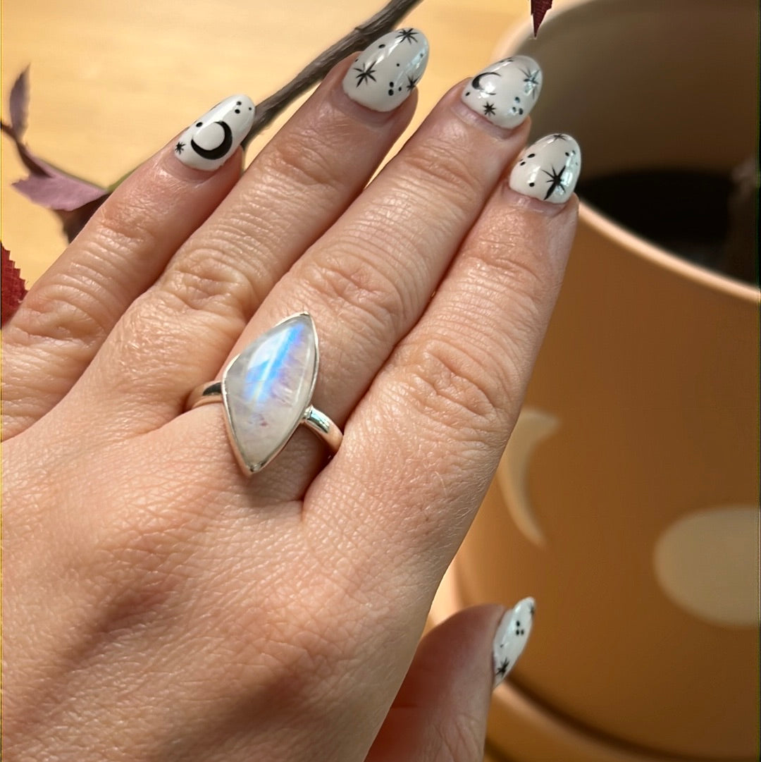 Rainbow Moonstone 925 Sterling Silver Ring - Size P 1/2