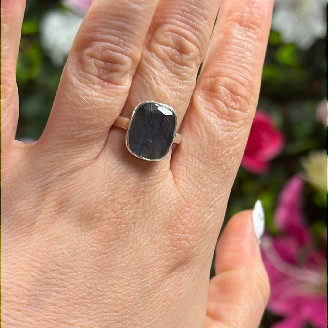 Labradorite Facet 925 Sterling Silver Ring - Size N 1/2